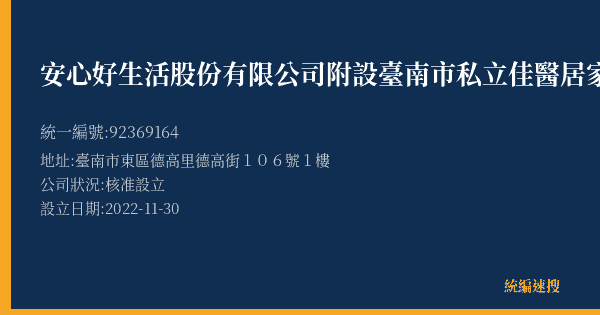 安心好生活股份有限公司附設臺南市私立佳醫居家長照機構的照片-統編 92369164(臺南市) 公司登記資料與營業項目詳細圖表