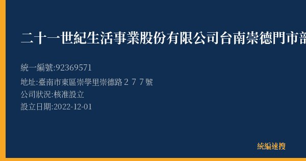 二十一世紀生活事業股份有限公司台南崇德門市部的照片-統編 92369571(臺南市) 公司登記資料與營業項目詳細圖表
