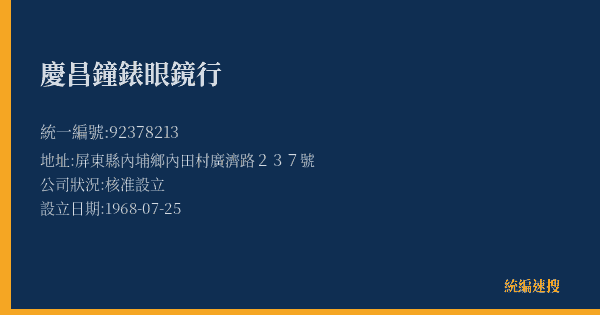 慶昌鐘錶眼鏡行的照片-統編 92378213(屏東縣) 公司登記資料與營業項目詳細圖表