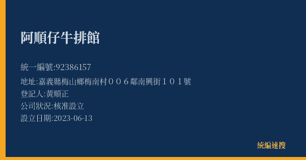 阿順仔牛排館的照片-統編 92386157(嘉義縣) 公司登記資料與營業項目詳細圖表