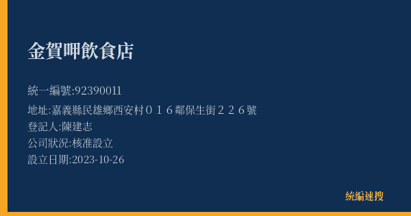 金賀呷飲食店的照片-統編 92390011(嘉義縣) 公司登記資料與營業項目詳細圖表
