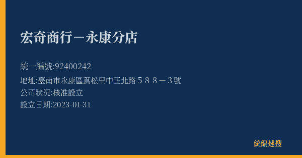 宏奇商行-永康分店的照片-統編 92400242(臺南市) 公司登記資料與營業項目詳細圖表