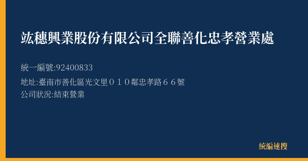 竑穗興業股份有限公司全聯善化忠孝營業處的照片-統編 92400833(臺南市) 公司登記資料與營業項目詳細圖表