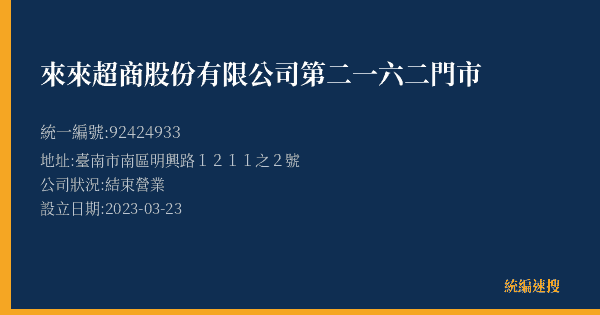 來來超商股份有限公司第二一六二門市的照片-統編 92424933(臺南市) 公司登記資料與營業項目詳細圖表