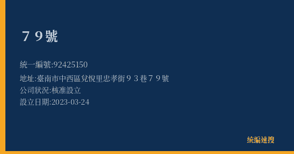 79號的照片-統編 92425150(臺南市) 公司登記資料與營業項目詳細圖表