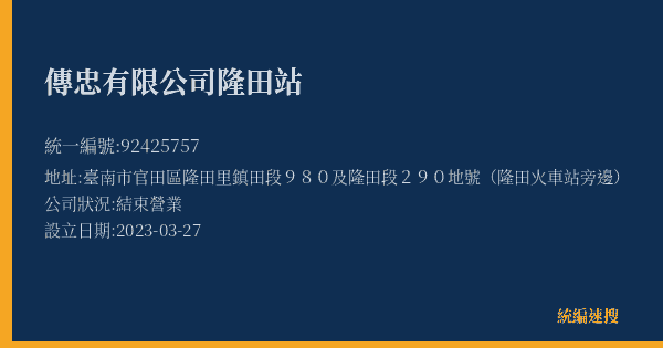 傳忠有限公司隆田站的照片-統編 92425757(臺南市) 公司登記資料與營業項目詳細圖表