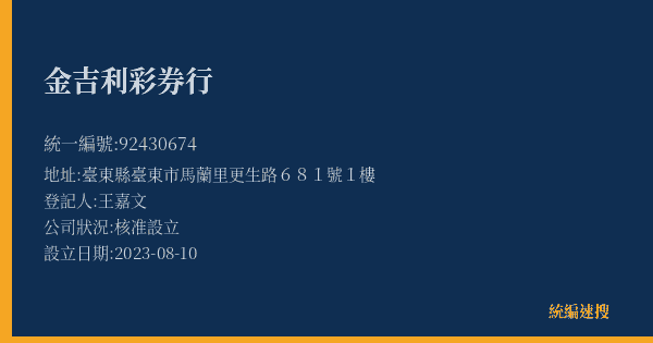 金吉利彩券行的照片-統編 92430674(臺東縣) 公司登記資料與營業項目詳細圖表