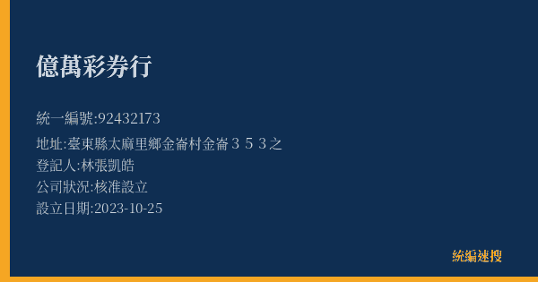 億萬彩券行的照片-統編 92432173(臺東縣) 公司登記資料與營業項目詳細圖表