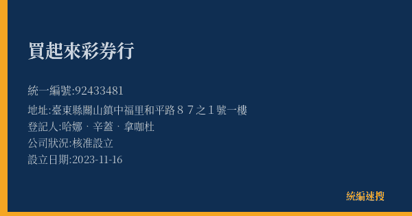 買起來彩券行的照片-統編 92433481(臺東縣) 公司登記資料與營業項目詳細圖表
