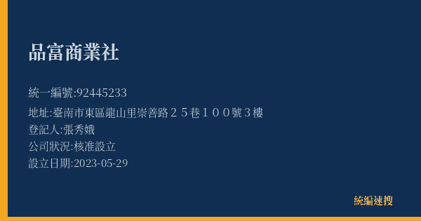 品富商業社的照片-統編 92445233(臺南市) 公司登記資料與營業項目詳細圖表