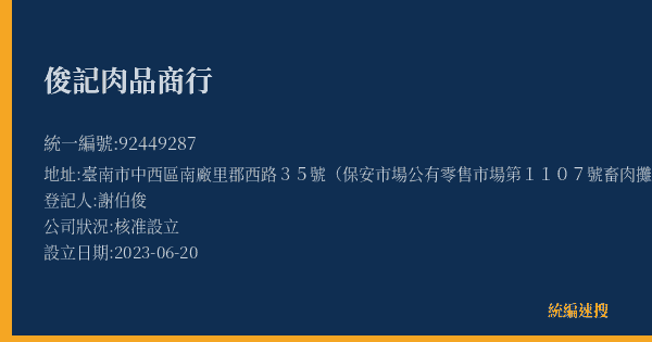 俊記肉品商行的照片-統編 92449287(臺南市) 公司登記資料與營業項目詳細圖表