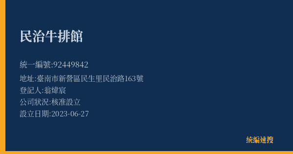 民治牛排館的照片-統編 92449842(臺南市) 公司登記資料與營業項目詳細圖表