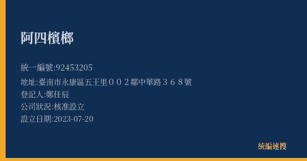 阿四檳榔的照片-統編 92453205(臺南市) 公司登記資料與營業項目詳細圖表