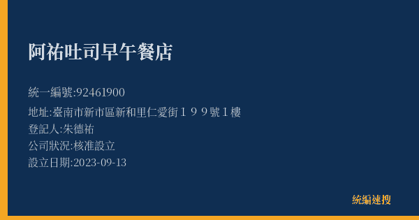 阿祐吐司早午餐店的照片-統編 92461900(臺南市) 公司登記資料與營業項目詳細圖表