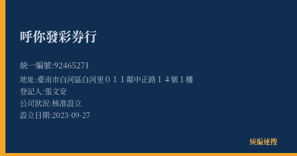 呼你發彩券行的照片-統編 92465271(臺南市) 公司登記資料與營業項目詳細圖表