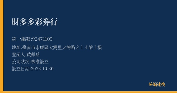 財多多彩券行的照片-統編 92471105(臺南市) 公司登記資料與營業項目詳細圖表