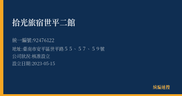 拾光旅宿世平二館的照片-統編 92476122(臺南市) 公司登記資料與營業項目詳細圖表