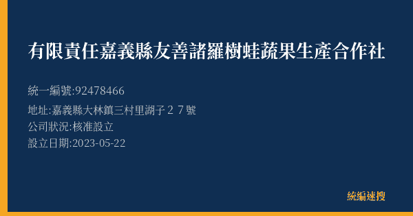 有限責任嘉義縣友善諸羅樹蛙蔬果生產合作社的照片-統編 92478466(嘉義縣) 公司登記資料與營業項目詳細圖表