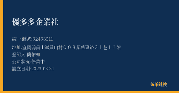優多多企業社的照片-統編 92498511(宜蘭縣) 公司登記資料與營業項目詳細圖表