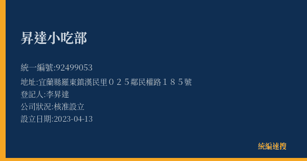 昇達小吃部的照片-統編 92499053(宜蘭縣) 公司登記資料與營業項目詳細圖表