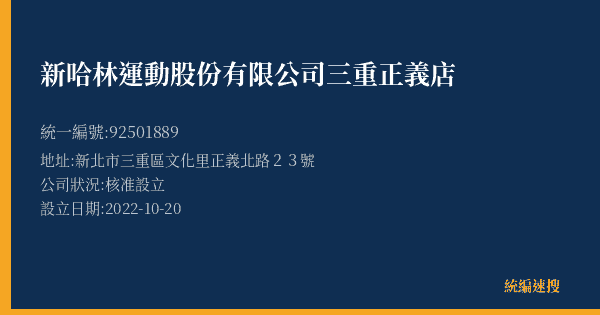 新哈林運動股份有限公司三重正義店的照片-統編 92501889(新北市) 公司登記資料與營業項目詳細圖表