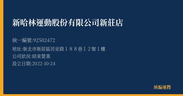 新哈林運動股份有限公司新莊店的照片-統編 92502472(新北市) 公司登記資料與營業項目詳細圖表