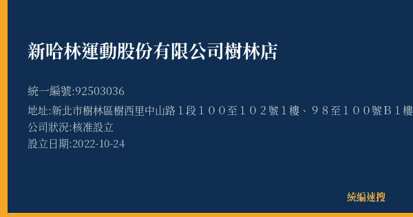 新哈林運動股份有限公司樹林店的照片-統編 92503036(新北市) 公司登記資料與營業項目詳細圖表
