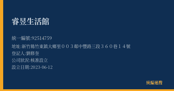 睿昱生活館的照片-統編 92514759(新竹縣) 公司登記資料與營業項目詳細圖表