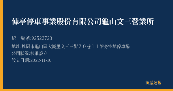俥亭停車事業股份有限公司龜山文三營業所的照片-統編 92522723(桃園市) 公司登記資料與營業項目詳細圖表