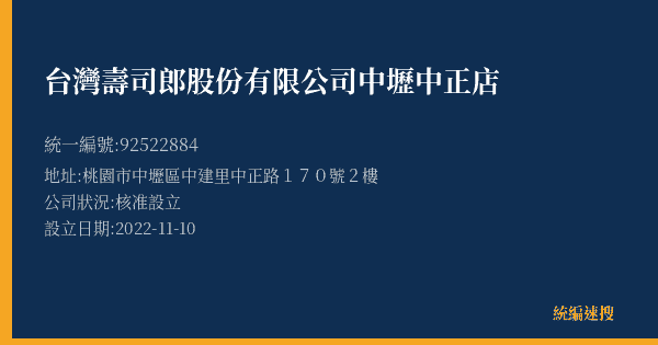 台灣壽司郎股份有限公司中壢中正店的照片-統編 92522884(桃園市) 公司登記資料與營業項目詳細圖表