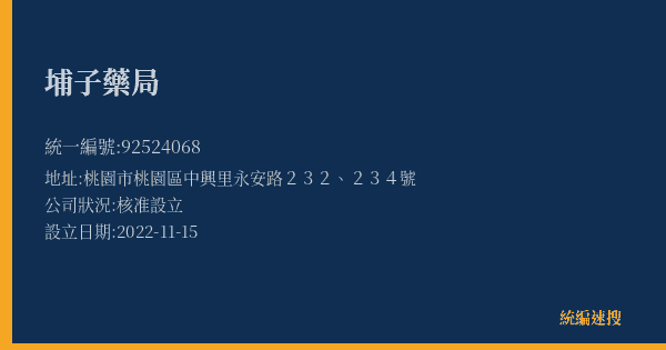 埔子藥局的照片-統編 92524068(桃園市) 公司登記資料與營業項目詳細圖表