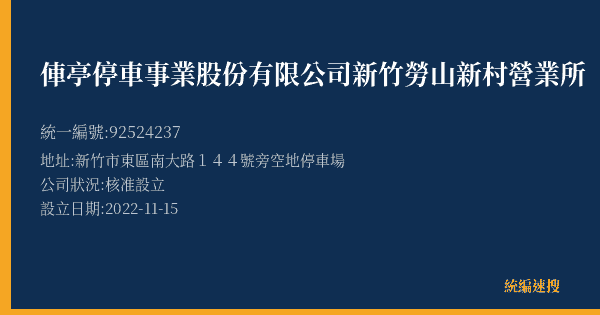 俥亭停車事業股份有限公司新竹勞山新村營業所的照片-統編 92524237(新竹市) 公司登記資料與營業項目詳細圖表
