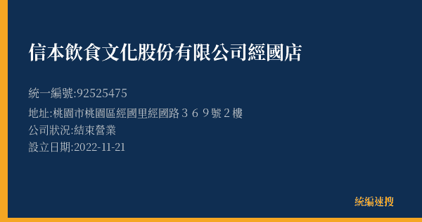 信本飲食文化股份有限公司經國店的照片-統編 92525475(桃園市) 公司登記資料與營業項目詳細圖表