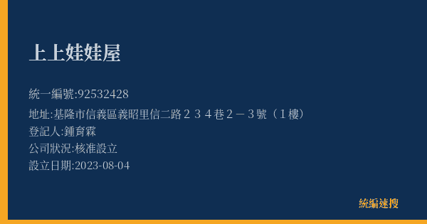 上上娃娃屋的照片-統編 92532428(基隆市) 公司登記資料與營業項目詳細圖表