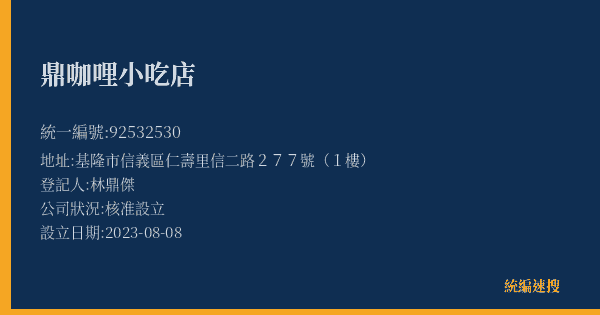 鼎咖哩小吃店的照片-統編 92532530(基隆市) 公司登記資料與營業項目詳細圖表