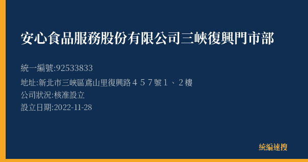 安心食品服務股份有限公司三峽復興門市部的照片-統編 92533833(新北市) 公司登記資料與營業項目詳細圖表