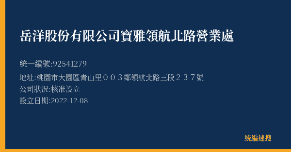 岳洋股份有限公司寶雅領航北路營業處的照片-統編 92541279(桃園市) 公司登記資料與營業項目詳細圖表