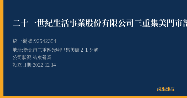 二十一世紀生活事業股份有限公司三重集美門市部的照片-統編 92542354(新北市) 公司登記資料與營業項目詳細圖表