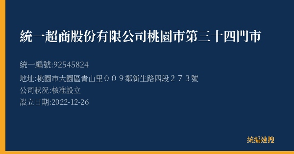 統一超商股份有限公司桃園市第三十四門市的照片-統編 92545824(桃園市) 公司登記資料與營業項目詳細圖表
