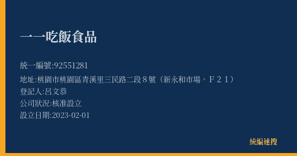 一一吃飯食品的照片-統編 92551281(桃園市) 公司登記資料與營業項目詳細圖表