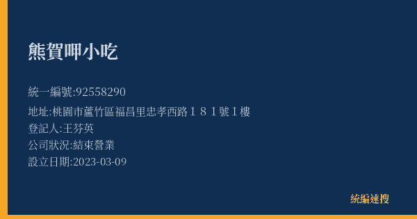 熊賀呷小吃的照片-統編 92558290(桃園市) 公司登記資料與營業項目詳細圖表