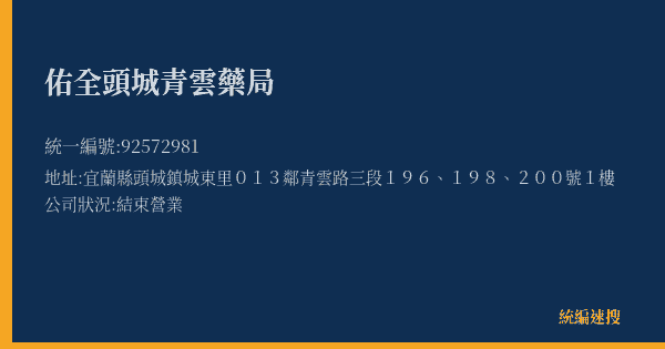 佑全頭城青雲藥局的照片-統編 92572981(宜蘭縣) 公司登記資料與營業項目詳細圖表