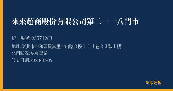 來來超商股份有限公司第二一一八門市的照片-統編 92574968(新北市) 公司登記資料與營業項目詳細圖表