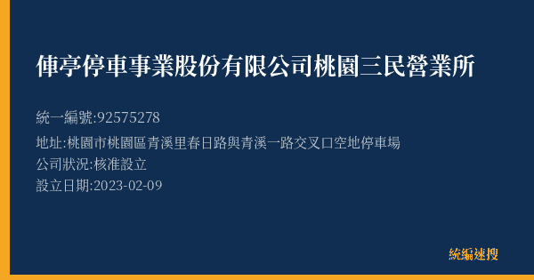 俥亭停車事業股份有限公司桃園三民營業所的照片-統編 92575278(桃園市) 公司登記資料與營業項目詳細圖表