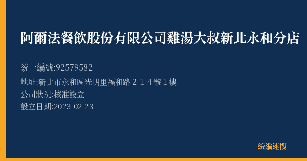 阿爾法餐飲股份有限公司雞湯大叔新北永和分店的照片-統編 92579582(新北市) 公司登記資料與營業項目詳細圖表
