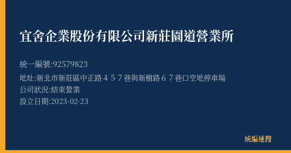 宜舍企業股份有限公司新莊園道營業所的照片-統編 92579823(新北市) 公司登記資料與營業項目詳細圖表