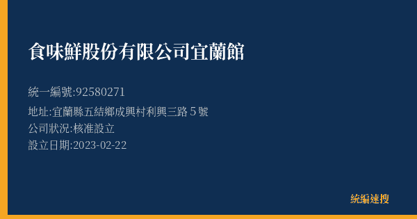 食味鮮股份有限公司宜蘭館的照片-統編 92580271(宜蘭縣) 公司登記資料與營業項目詳細圖表