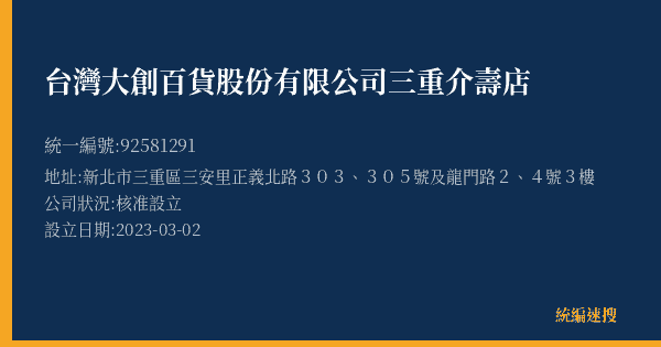 台灣大創百貨股份有限公司三重介壽店的照片-統編 92581291(新北市) 公司登記資料與營業項目詳細圖表