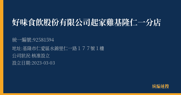 好味食飲股份有限公司起家雞基隆仁一分店的照片-統編 92581594(基隆市) 公司登記資料與營業項目詳細圖表