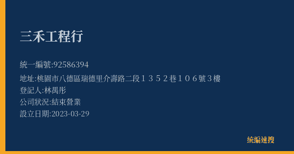 三禾工程行的照片-統編 92586394(桃園市) 公司登記資料與營業項目詳細圖表